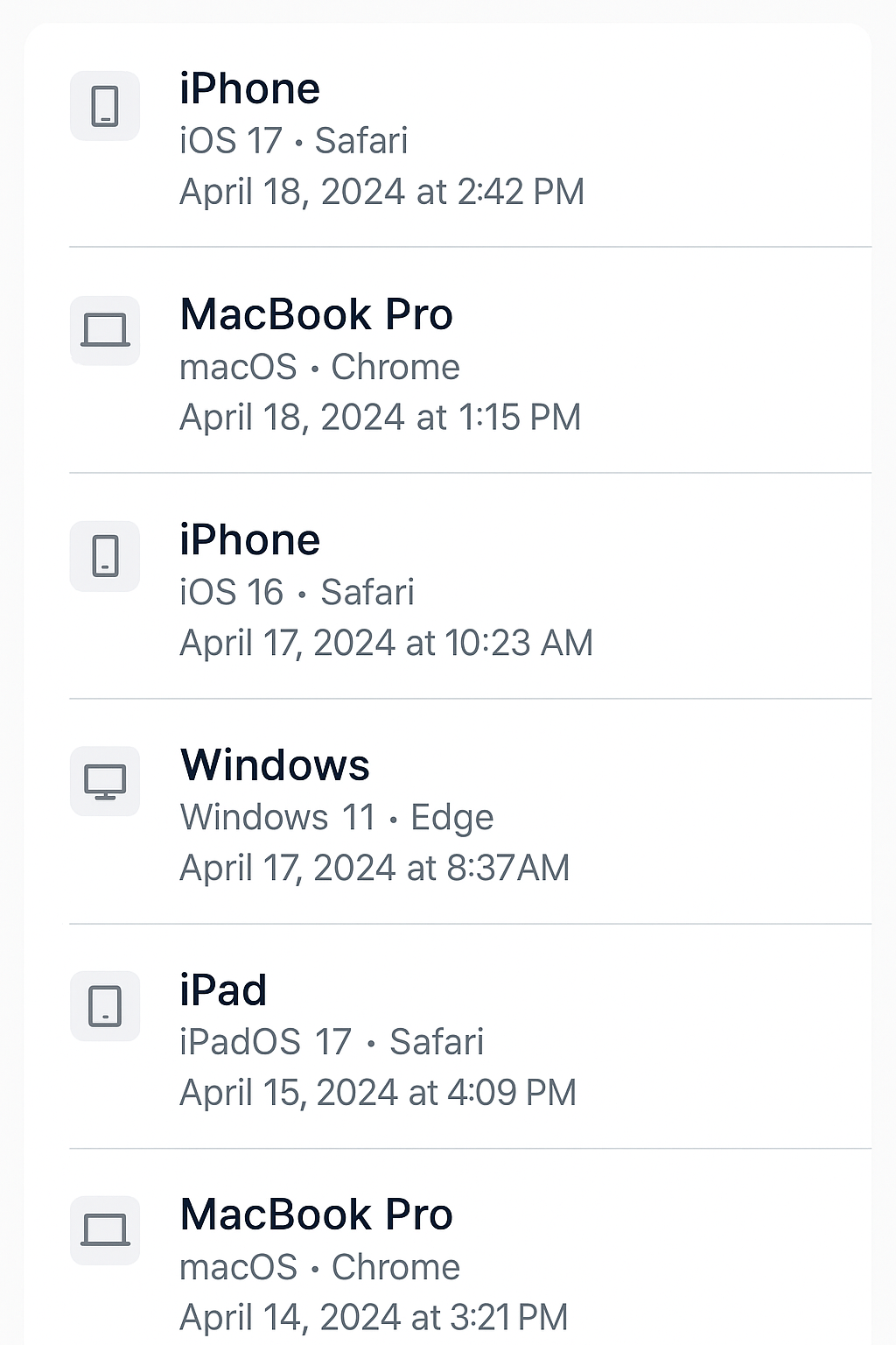 Active sessions screen